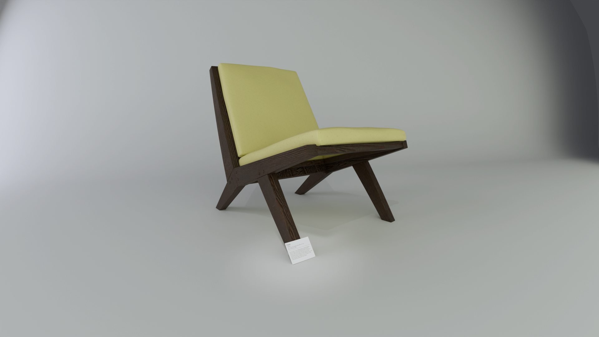 photo of chair label leaning against a yellow cushioned chair with walnut wood