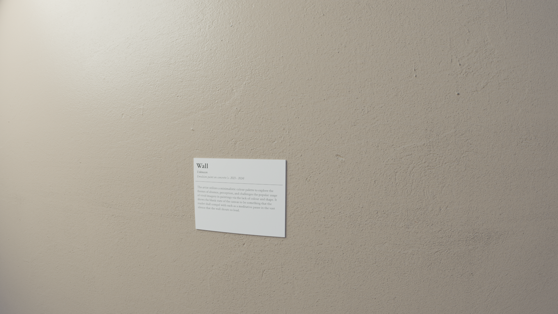 Photo of wall label stuck to a dilapidated beige wall